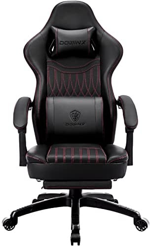 Dowinx Gaming Stuhl mit Federkissen & Massagefunktion, Hoher Racing Bürostuhl mit Verstellbarer Lendenstütze, Ergonomischer PC Stuhl mit Fußstütze in PU Leder (Schwarz)