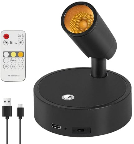 Dhqkqg Kabellose Spotlight, USB Aufladbar Wandleuchte, 360° Drehbare Wandlampe, Bilderleuchte Kabellos mit Fernbedienung, 3 Farben Dimmbar Wandspot mit Timing Funktion, für Kunst, Pflanzen, Portraits