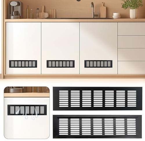 HUOMAQFAN 2 PCS Air Vents Grille Cover, Aluminium Alloy Ventilation Grille, 80x300mm Black Air Vent Cover for Kitchen Cupboards & Wardrobes, Metal Ventilation Panel for Cabinets, RVs, Fridge, Louvred