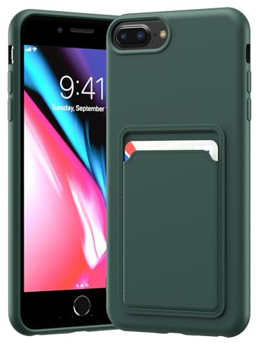 LVVFEI Custodia per iPhone 8 Plus/iPhone 7 Plus/iPhone 6 Plus con Portacarte, Custodia in Silicone TPU Antiurto Integrata, Cover con Fessura per Carte di Credito Design Finitura Opaca, Verde