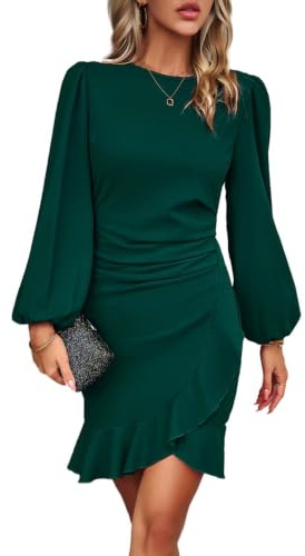 KUNJLELP Cocktail Dresses for Women Long Puff Sleeve Bodycon Ruffle Hem Elegant Evening Dress for Women UK Ladies Party Dresses