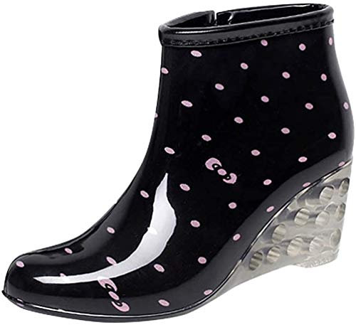 LvRao Stivali da donna in pelle con tacco alto stivali di gomma impermeabili da giardino stivali da pioggia stivali alla caviglia, nero rosa, 39 EU