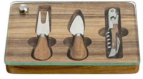Brandani 53091, set degustazione con tagliere vetro, 2 coltelli formaggio e cavatappi inox