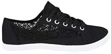3297-BLK-5: Crochet Panelled Plimsoll Trainers, Black, 5 UK