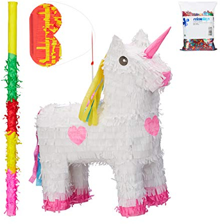 Relaxdays 4 TLG. Pinata Set Einhorn weiß, XXL Konfetti Sack, Pinatastab mit Augenmaske, Unicorn Piñata, Stock & Augenbinde, bunt