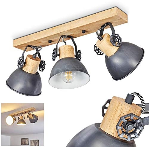 Deckenleuchte Orny, Deckenlampe aus Metall/Holz in Grau/Weiß/Braun, 3-flammig, mit verstellbaren Strahlern, 3 x E27-Fassung, Spot im Retro/Vintage Design, ohne Leuchtmittel