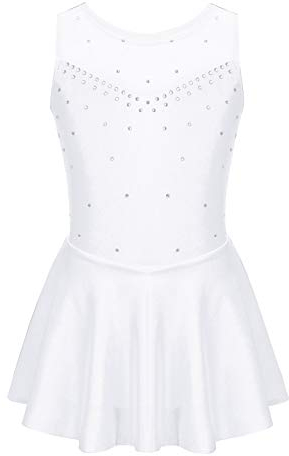 TiaoBug Mädchen Ballettkleid Ballettanzug Ärmellos Eislaufkleid Ballett Trikot Glänzend Body Kostüm für Tanz Gymnastik Eislaufen Weiß 134-140