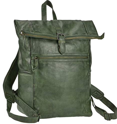 Bear Design Rucksack Leder Damen Herren Rolltop Daypack Kurierrucksack Tagesrucksack Trekkingrucksack Fahrradrucksack mit Notebookfach grün