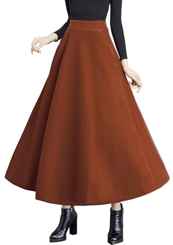 ZHANCHTONG Damen Rock mit hoher elastischer Taille, Maxi-Wollrock, A-Linie, kariert, Winter, warm, ausgestellt, langer Rock