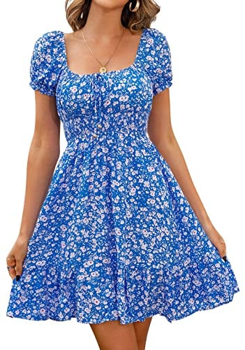 Livonmone Womens Summer Casual Sweetheart Neckline Puff Sleeve Floral Print High Waist Dress Boho Beach Mini Short Dresses (Blue, M)