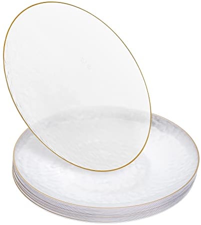 STACKABLES ~ Paquete de 20 platos transparentes con borde dorado ~ Juego de platos de postre redondos