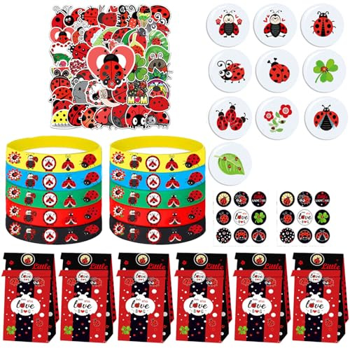 Ghberll Ladybug Geburtstagsparty-Zubehör-Packungen enthalten 10 Süßigkeiten-Leckerli-Taschen, 10 Silikon-Armbänder, 10 Knopf-Abzeichen, 50 Aufkleber für Mädchen, Jungen, Kinder