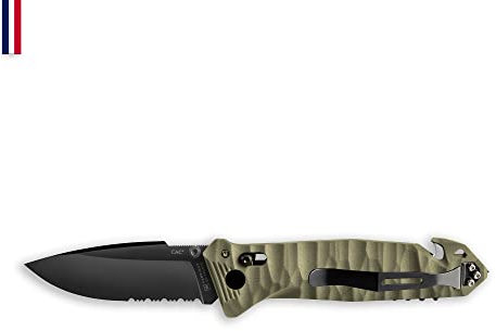 TB Outdoor - Couteau CAC® - Couteau Armée Française - Survie et Outdoor - Lame Anti-Corrosion avec Serrations - Manche PA6 FV Kaki- Lame utile 85mm