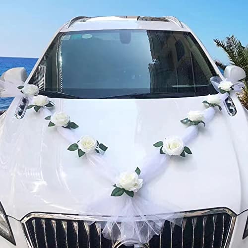 Chexin Autoschmuck Hochzeit Weiß, Hochzeitsauto Dekorationsset, Car Wedding Girlande, Blumenschmuck Auto Hochzeit,DIY Weiß Gaze Rosendekoration Set, Auto Schmuck Hochzeit mit 9 Rosen, 2 x 1.6 m Lange