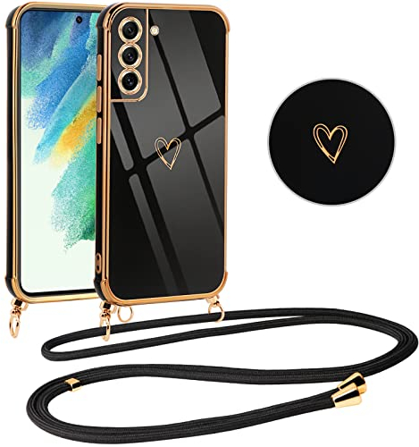 Vauki handyband für Samsung Galaxy S21 FE 5G Hülle mit Band, Handyhülle Silikon Schwarz mit Herz Motiv, Ultra Dünn Stoßfeste Aesthetic Case mit Kordel zum Umhängen für Samsung S21 FE 6.4