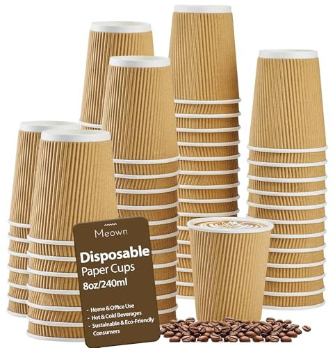 Meown 8oz Brown Ripple Paper Cups (Pack of 100), Triple-Wall Insulated Disposable Coffee Cups, Sturdy Rolled Rim, Leak-Resistant
