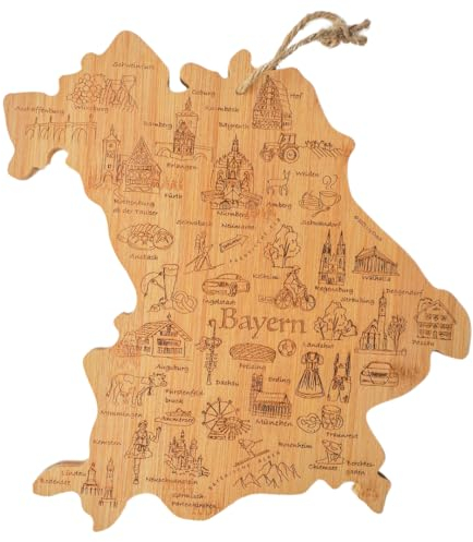 LILY DUTCH Schneidebrett Form Bayern mit bayerischen Sehenswürdigkeiten als Gravur, Servierbrett aus Bambus mit Illustrationen, für Küche und auch als Wandkunst geeignet.