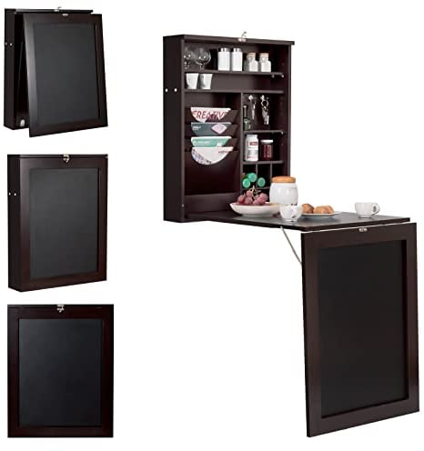 LIFEZEAL Tavolo pieghevole da parete, Tavolo pieghevole multifunzionale con ripiano aperto e lavagna, Tavolo pieghevole da parete per cucina, soggiorno e sala da pranzo, 86,5x60x150cm (marrone)