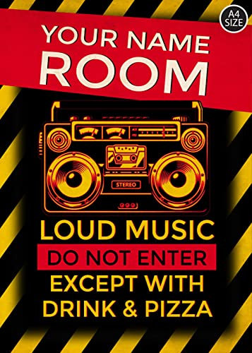 ELITEPRINT Personalised Loud Music Door Sign Bedroom Metal Plaque For Student Teenager Room- Wall Art Decorations (A4 (29.7cm x 21cm))