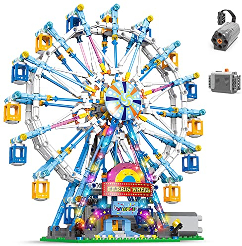 NEWRICE Juego de Bloques de construcción de Noria giratoria, con Luces Juego de Juguetes de construcción de Parque de Atracciones para niños Mayores de 6 años (870 Piezas)
