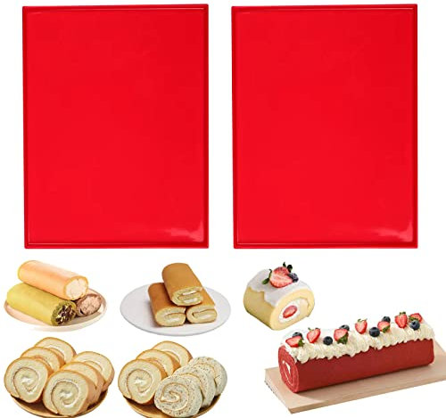 HLCM Silicone Swiss Roll Cake Mat - 2 Pieces Silicone Baking Mat, Jelly Roll Pan, Non-Stick Silicone Mat with Lip, Easy to Clean Silicone Pastry Mat, Jelly, Cookies (Red)