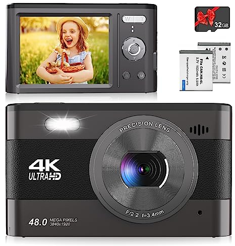 4K Kamera, Vmotal 48MP Foto/ 4K Fps HDVideo/ 2,8-Zoll-Bildschirm/ 18-facher Zoom, kompakte Digitalkamera mit SD-Karte, Kamera für Kinder/Kinder/Jugendliche/Studenten/Anfänger