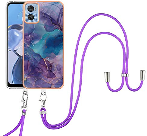 SNCLET for Motorola Moto E22,Moto E22i Crossbody Cover with Neck Cord Strap,Adjustable Lanyard Case Necklace Marble Cover TPU Edges PC Back Protective Case for Moto E22,Moto E22i,Violet Blue Marble