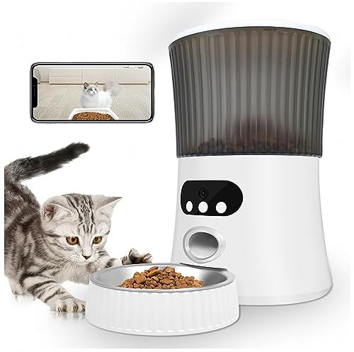 Comedero Gato Automatico WiFi, 6L con Cámara 1080P, 2.4G WiFi con App Video Audio Visión Nocturna Alimentador Automatico Gatos, Comedero Perro Automatico