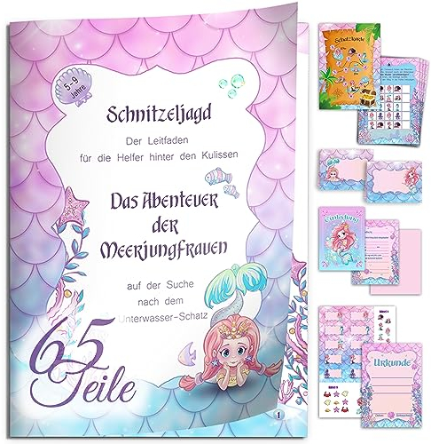Schnitzeljagd Meerjungfrau für Kindergeburtstag 65 Teile Komplettset inkl. Schatzkarte Urkunden Tischkarten Sticker Einladungen mit Umschlag ab 5 bis 9 Jahren