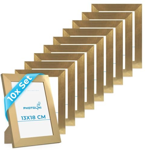 PHOTOLINI Bilderrahmen 13x18 Gold Holz MDF, 10x breite goldene Bilderrahmen 18x13, Fotorahmen 13 x 18 cm mit Acrylglas, Picture Frame 18x13 zum Aufhängen & Aufstellen, Bilder Rahmen 13x18 für Fotos