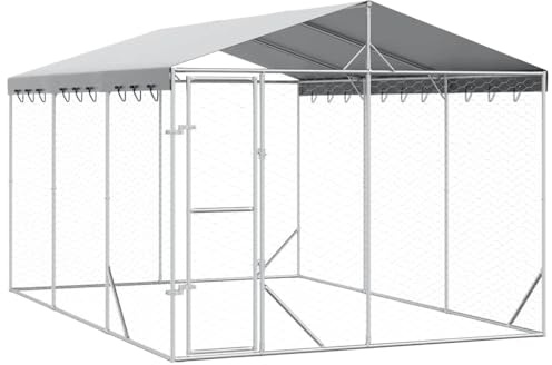 vidaXL Outdoor Hundezwinger, Hundehütte mit Dach, Hundekäfig für den Außenbereich, Hühnerstall Hundezaun Hundeauslauf, Silbern Verzinkter Stahl