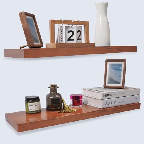 TANYRE Rustikale Bauernhausregale, schwebende Regale, Wandregal für Schlafzimmer, Wohnzimmer, Küche, 2er-Set, 61 x 17 x 3 cm (Honigeiche, 61 cm)