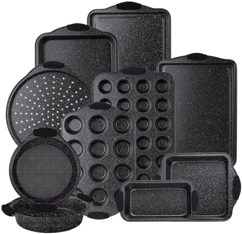Country Kitchen Set di 10 teglie da forno antiaderenti impilabili, senza PFOA, PFOS, PTFE con rivestimento antiaderente, adatta al forno a 230 °C, per torte rotonde, pagnotta, muffin, padelle