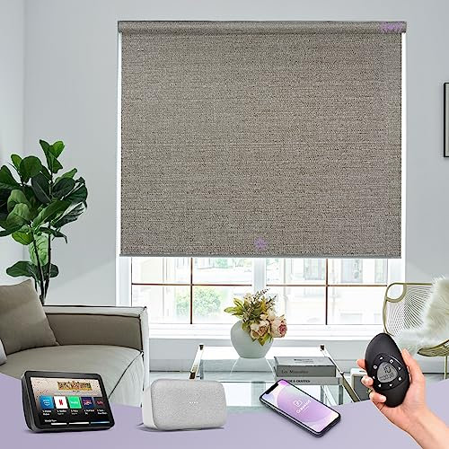 Graywind Customized Smart Roller Blinds Blackout, Textured Fabric Electric Windows Blinds Compatible with Alexa Google, Rechargeable Motorised Roller Shades with Remote, Grey Brown