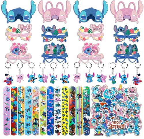 Clvsyh 86 Pezzi Set Di Bomboniere St-itch, 12 Braccialetti A Schiaffo + 12 Portachiavi St-itch + 12 Carta Occhiali Da Festa + 50 Adesivi Per Tatuaggi Bambini, Regalo Per Feste Per Ragazze E Ragazzi