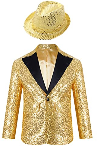 CHICTRY Kinder Junge Pailletten Sakko Langarm Blazer Jacke Slim Fit Glitzer Anzugjacke Party Revers Anzug Jacket Mit Hut Kinderkostüm Gold 146-152