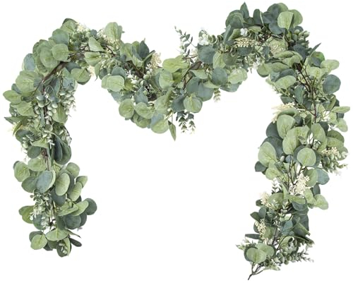 Hywean Homd 6,56 Ft künstliche Eukalyptus Girlande mit Blumen Künstlich Eukalyptusblätter Grüne Girlanden für Hintergrund Hochzeit Bogen Tischdekoration Weihnachten Treppenhaus Heimdekoration