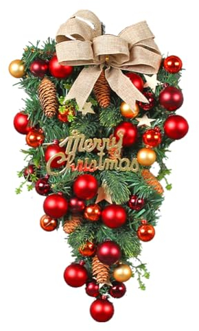 1 x Hängeornament, künstlicher Weihnachtskranz, Dekoration aus Kunststoff und Metall, Weihnachtskranz für Haustür, Wand, Kamin