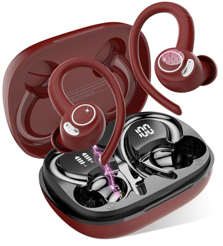Jesebang Auriculares Inalámbricos Deportivos, Auriculares Bluetooth 5.3 con HD Micrófono, Sonido Premium, 40H de Reproducción, Pantalla LED, Cómodos de Llevar, Cascos Inalambricos con Gancho, Rojo