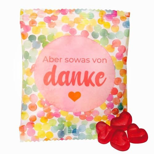 25 x Gast-Geschenke Tütchen: farbenfrohe Tüte, gefüllt mit echten Trolli Herzen mit 10% Fruchtsaft, 10g, Aber sowas von Danke - Kleinigkeiten für jeden Anlass, Geburtstag, Hochzeit, Taufe & Party