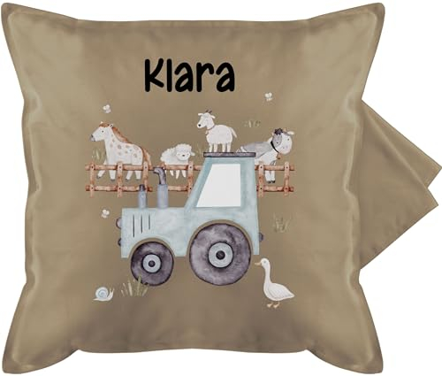 Kissenbezug - Bauernhof Traktor Tiere mit Namen Landwirtschaftlicher Tiermotiv Bauernhoftieren - 50 x 50 cm - Beige Natur - Kissen personalisiertes trecker traktormotiv Kuh und kinderkissen Bulldog
