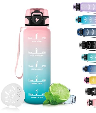 Grsta Gourde, 500ml Gourde Enfant, Gourde Sport avec Filtre, Gourde Graduée pour École, Gourde Plastique avec Marqueur de Temps, Gourde anti Fuite pour Running, Randonnée, Camping, Rose-Cyan