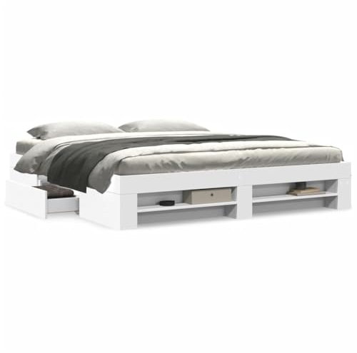 vidaXL King Size White Bed Frame 180x200 cm - Engineered Wood Bed with Slatted Base & Storage Drawers for Modern Bedrooms