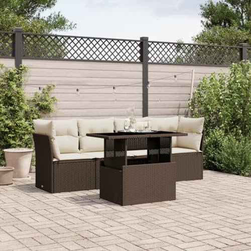 Homgoday 5-TLG. Gartenlounge Set Gartenmöbel Loungemöbel Gartensofa Lounge Balkonmobelset Eck Terrassenmöbel Ecksofa Ecklounge Sitzgruppe mit Tisch Höhenverstellbar Braun Poly Rattan