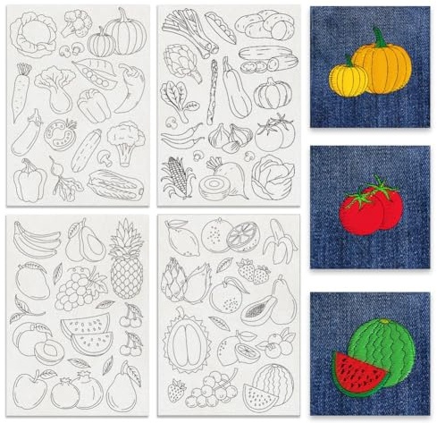 BENECREAT 4 Blätter 69Pcs Gemüse Obst Wasserlösliche Stickmuster, 29.7x21cm Stick und Stich Stickerei Papier Stabilizer für Hand Nähen Liebhaber Anfänger