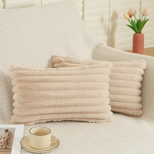 ORANIFUL Beige 30x50 Fell Kissenbezüge Set 2-teilig Kuschelkissen Rechteckig Flauschig Kissenhülle Streifen Design Kissen Hülle für Sofa Couch Bett Weicher Fake Fur Bezug Moderne Dekokissen