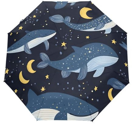 GAIREG Reise-Regenschirm mit blauen Walen und Sternen, automatisches Öffnen und Schließen, kompakt, leicht