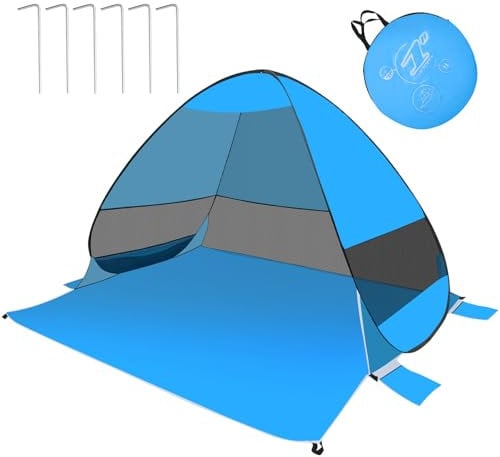 Tente Parasol de Plage Pop Up 3-4 Personnes, Abri Anti UV avec Une Porte et Trois Fenêtres Grillagées - Facile à Utiliser avec Sac de Rangement (Bleu)