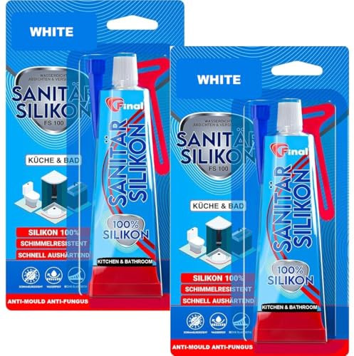 Tube Sanitary Small White Silicone Sealant, 50mlx2 PCs, 100% Silicon, ANTI-MOULD Waterproof Bathroom Silicone Sealant White, for Window, Sink, Kitchen, Bath, Shower, Door Frame, Upvc Filler,