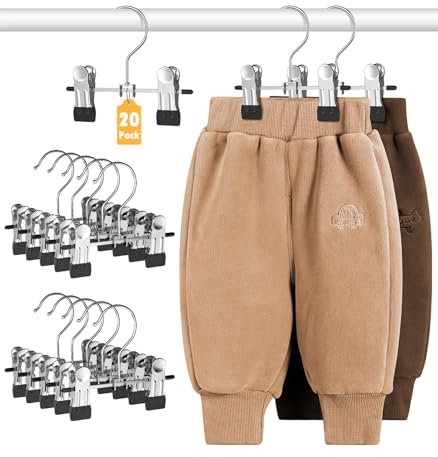 WJWSKI Perchas Bebe, Perchas para Pantalones con Pinzas Antideslizantes, 20 Unidades, Ahorran Espacio Perchas Infantiles 17 cm, Perchas de Metal para Bebés, Pantalones,Calcetines,Baberos